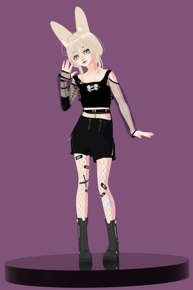 The image is a 3D render of my vtuber model standing on a circular black platform. My vtuber has light blonde hair cut in a medium-length bob with two long pieces in front of either side, fennec fox ears, right eye grey, the left one blue and is wearing an all-black outfit consisting of a sleeveless crop-top with a fishnet long-sleeve shirt on top, shorts and combat boots. He's standing relaxed with one hand raised in a wave next to his face.
