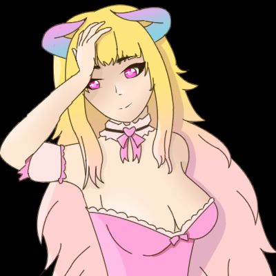 A drawing of Cheese Belle's vtuber, looking sideways with a hand on her head. She has long hair, blonde at the top with ombre going to light pink at the bottom, pink-blue horns, bright magenta eyes, a pastel pink ribbon choker and a bright pink sleeveless bodice