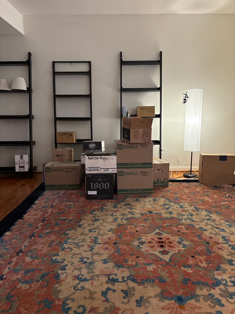 Three empty black bookcases, with a large stack of boxes in front of them.