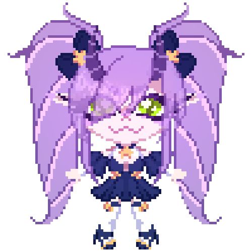 Pixel art of a triceratops girl, with purple pigtails and adorably big green eyes!