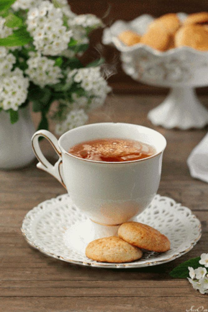 a cup of tea sits on a saucer next to a plate of cookies