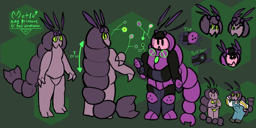 a reference sheet of Metro, the isopod, with two "nude" views and one view of them in their vibrant purple armor. Three headshots showing some expressions and haircuts. And two more cutesy looking smaller artworks depicting example outfits.