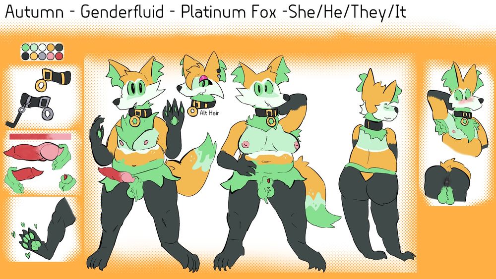 A ref sheet of Autumn, a gender fluid minty green platinum fox. Her pronouns are she, he, they and it.

There are panels showcasing things such as her collars, penis, foot paws, armpits, and butthole. 

The main panel displays three full body images of her. One of her with a flat chest, one with breasts, and one of her backside. Between the first two images is an example of her alternate hairstyle; which also makes her look slutty!