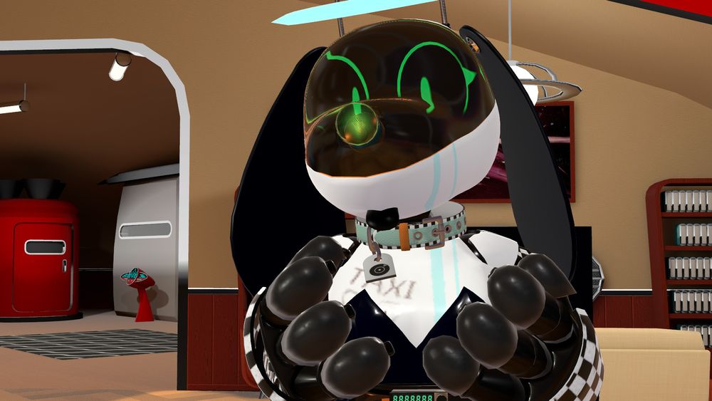 a dog-like droid in a bunny suit, attempting to cup the curves on her suit. akin to breasts. her tongue sticks out in a cheeky gesture