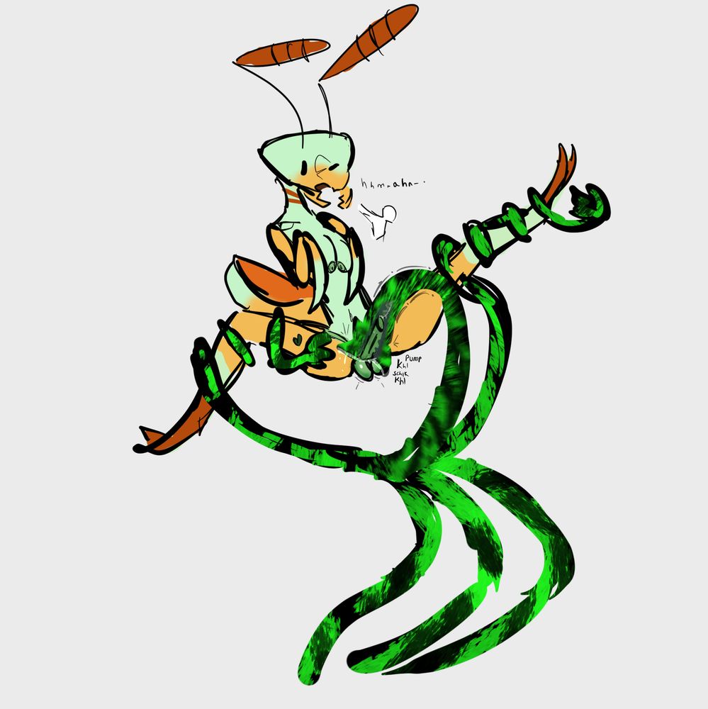 An anthropomorphic mantis having their penis sucked off by a cluster of tentacles whilst their legs are spread and restrained. They seem pretty into it and are breathing quite heavily.