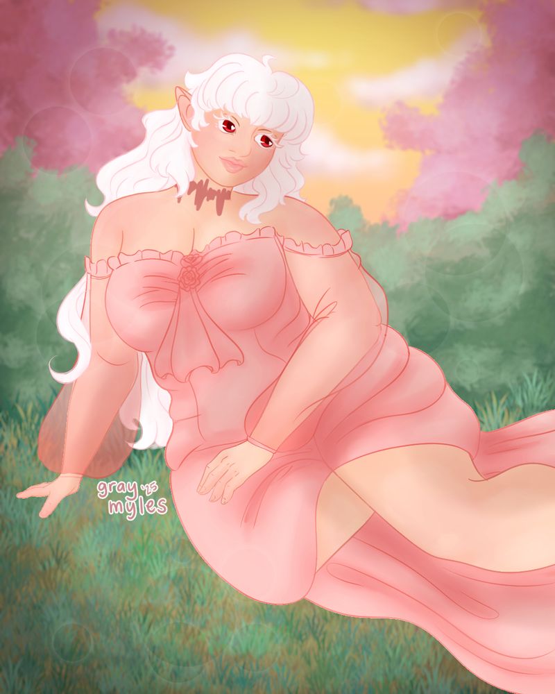 Aria in a grassy and floral scene resting on her hip, she is wearing a pink silk gown and there is a sunset in the background.