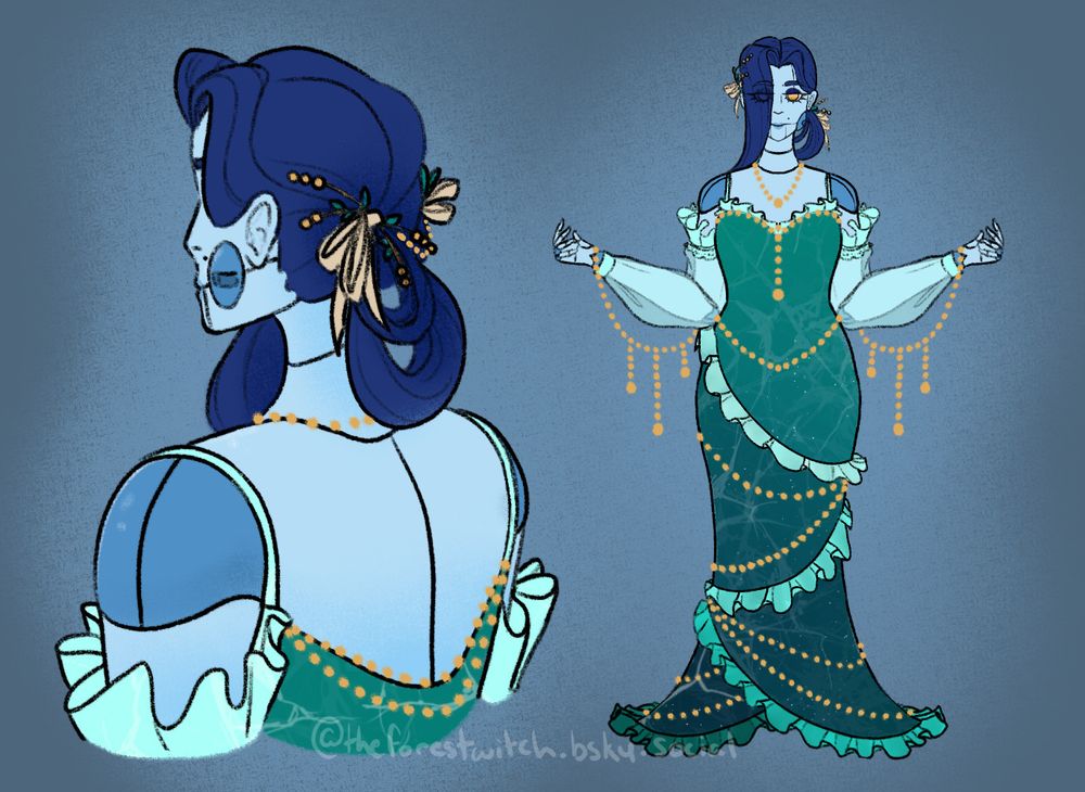 Vikalli is wearing a turquoise mermaid shaped dress that gets darker as is flows downward, and lighter mint ruffles spiral down with it. Her sleeves are a sheer mint color and there are long strings of gold colored pearls dangling from them like rain drops. Her dark blue hair is tied back with a gold ribbon with additional leaf like beads.