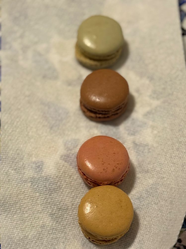Four pistachios; flavors of pistachio, chocolate, raspberry, salted caramel. In that order from top to botton