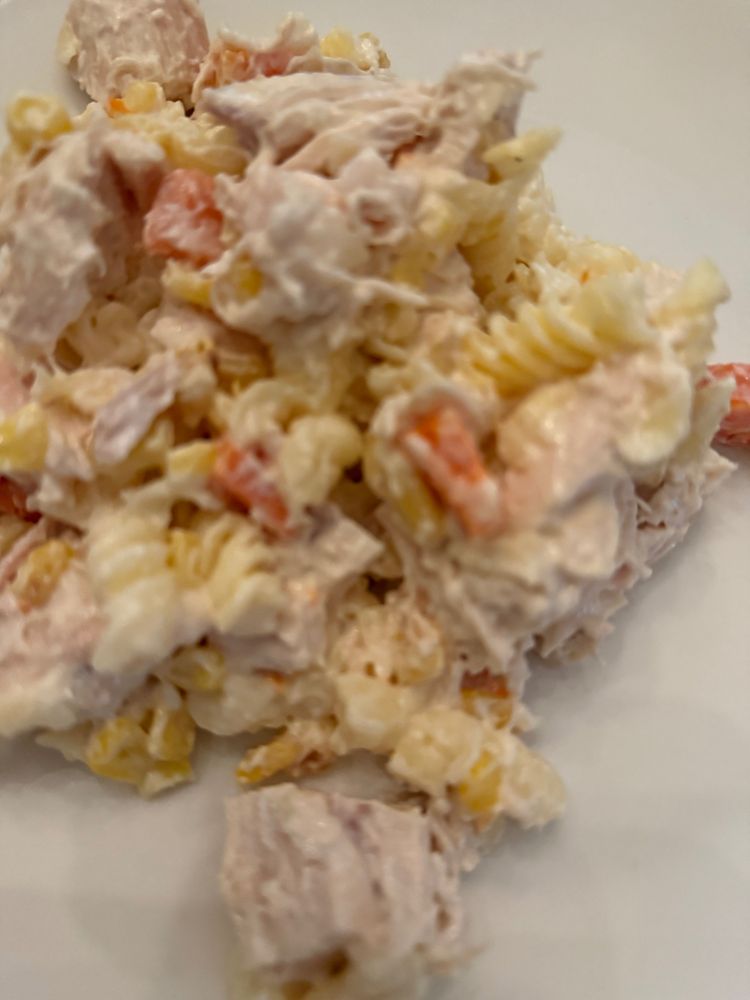 Picture of pasta salad: Gf pasta, corn, carrots, chicken all mixed with mayo and lime juice. Best served cold 