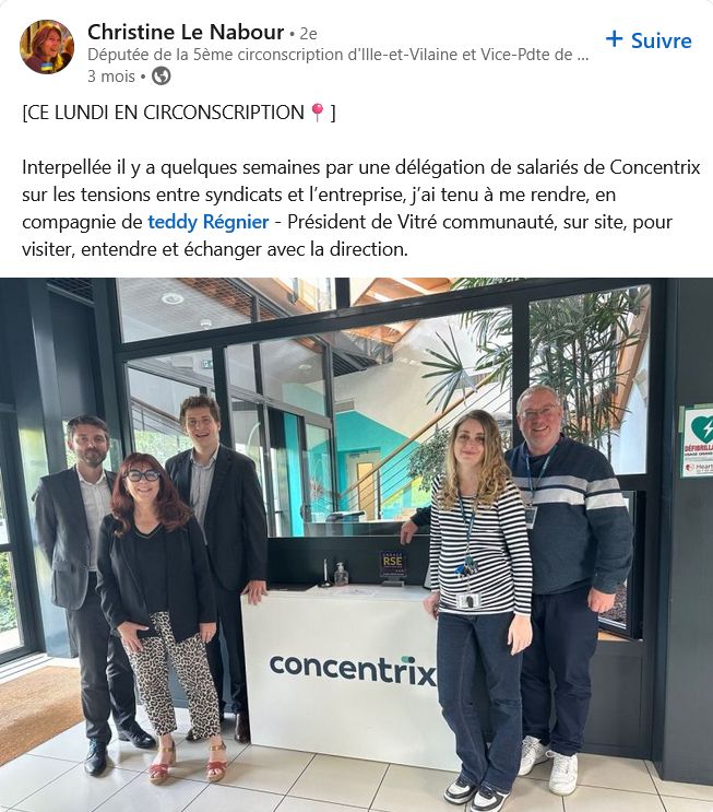  Christine Le Nabour - Députée de la 5ème circonscription d'Ille-et-Vilaine et Vice-Pdte de l'Union Nationale des Missions locales

[CE LUNDI EN CIRCONSCRIPTION📍]

Interpellée il y a quelques semaines par une délégation de salariés de Concentrix sur les tensions entre syndicats et l’entreprise, j’ai tenu à me rendre, en compagnie de teddy Régnier - Président de Vitré communauté, sur site, pour visiter, entendre et échanger avec la direction.