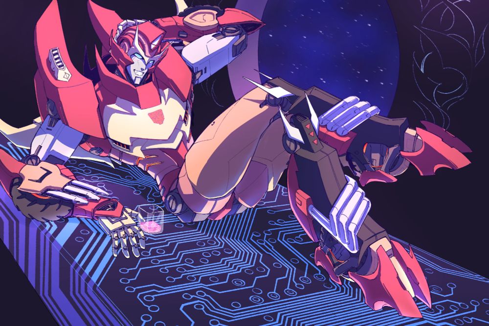 full body color illust of rodimus from idw mtmte transformers comic. he's reclining on his berth in his quarters doing a saucy little pose with his legs crossed and a hand behind his head. the room is purple and blue-lit from above. his berth has a blue circuitboard light pattern that took me forever to draw so please appreciate it. he has a small mostly empty cube of pink energon by his resting hand. he is grinning in a trademark cheeky fashion.