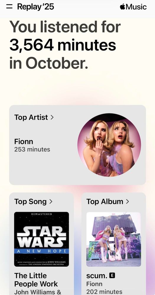 A screenshot of the main page from my Apple Music Replay stats page. It shows the following information:

Minutes listened: 3,564.
Top Artist: Fionn.
Top Song: The Little People Work - John Williams.
Top Album: Scum. - Fionn.