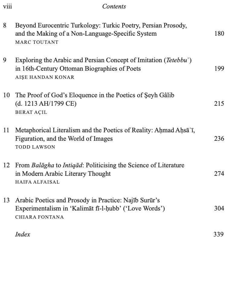  Beyond Eurocentric Turkology: Turkic Poetry, Persian Prosody, and the Making of a Non-Language-Specific System
MARC TOUTANT
9 Exploring the Arabic and Persian Concept of Imitation (Tetebbuʿ) in 16th-Century Ottoman Biographies of Poets
AIŞE HANDAN KONAR
10 The Proof of God’s Eloquence in the Poetics of Şeyh Gâlib (d. 1213 AH/1799 CE)
BERAT AÇIL
11 Metaphorical Literalism and the Poetics of Reality: Aḥmad Aḥsāʾī, Figuration, and the World of Images
TODD LAWSON
12 From Balāgha to Intiqād: Politicising the Science of Literature in Modern Arabic Literary Thought
HAIFA ALFAISAL
13 Arabic Poetics and Prosody in Practice: Najīb Surūr’s Experimentalism in ʻKalimāt fī-l-ḥubbʼ (‘Love Words’) CHIARA FONTANA
Index
180
199
215
236
274
304 339