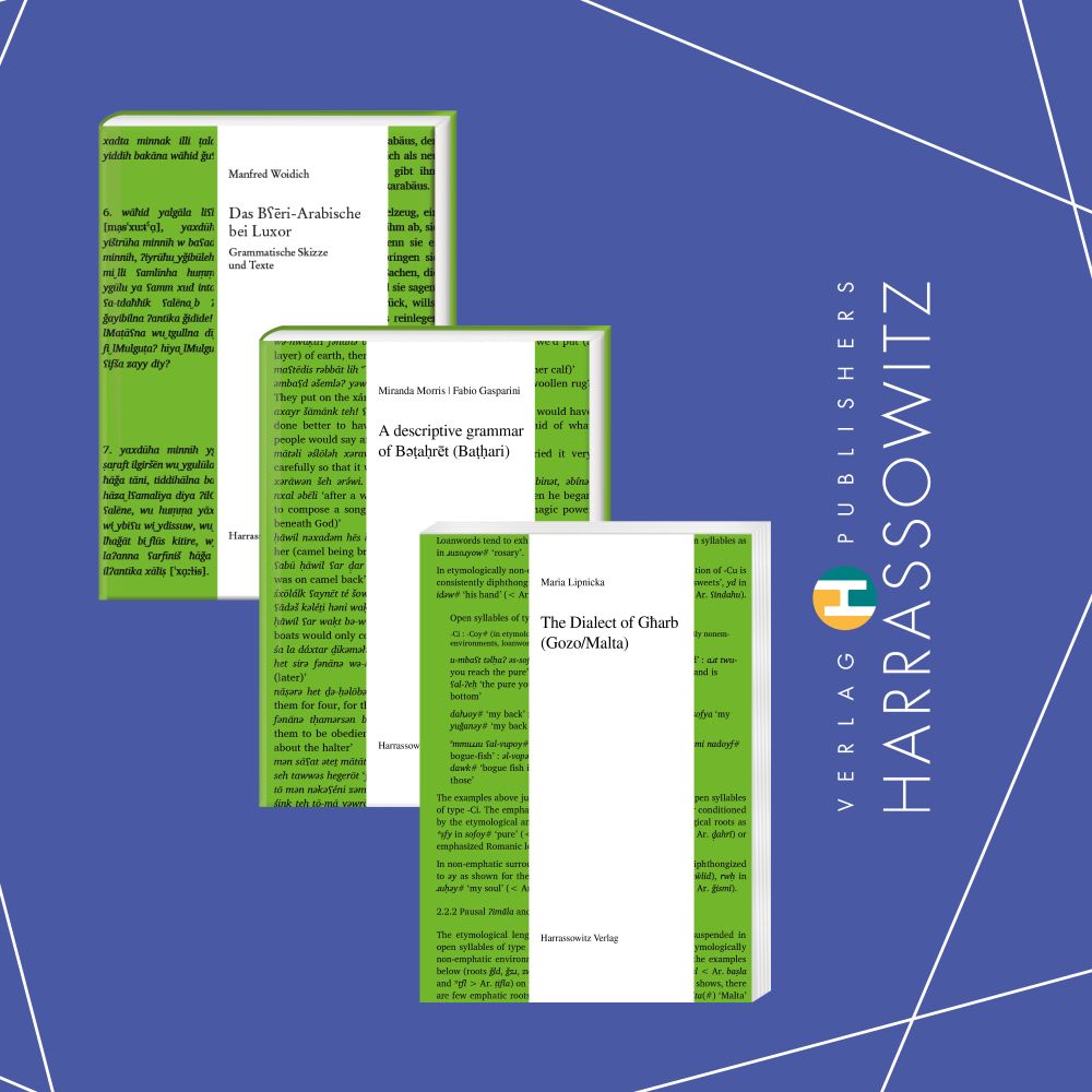 Cover der Bände "Manfred Woidich, Das Bʕēri-Arabische bei Luxor. Grammatische Skizze und Texte. Semitica Viva 39,3; Miranda Morris and Fabio Gasparini, A descriptive grammar of Bəṭaḥrēt (Baṭḥari). Semitica Viva 66; Maria Lipnicka, The Dialect of Għarb (Gozo/Malta). Semitica Viva 67".