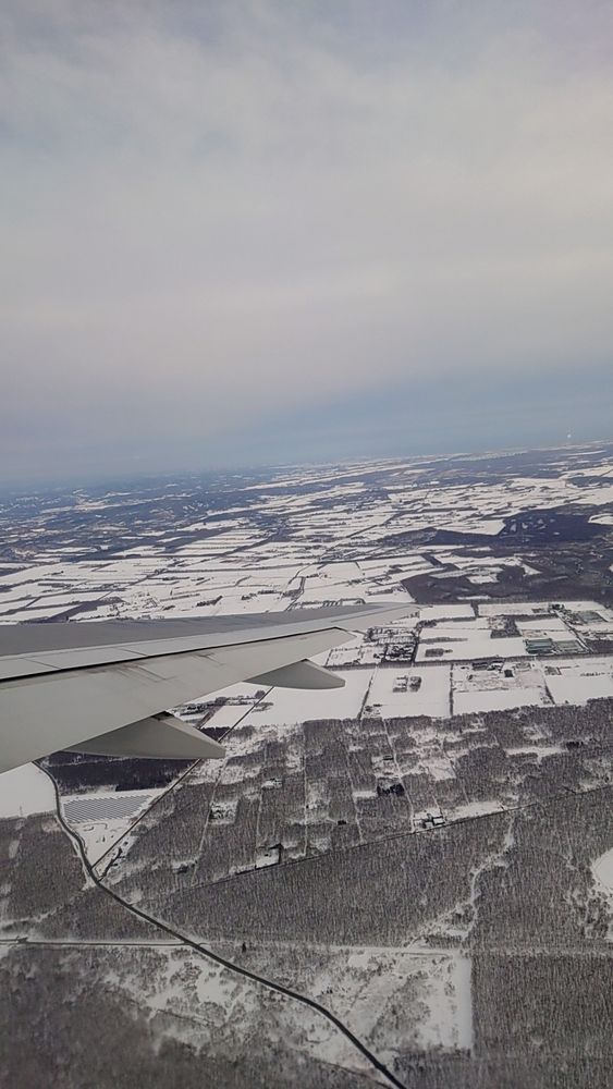 雪の積もっている北海道の上空から飛行機で見た景色
少し曇っていて空も地面も白くなっている