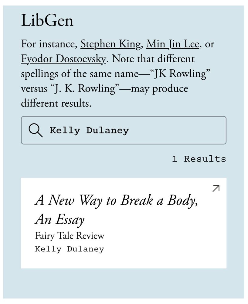 Screenshot of Libgen search, confirming that Kelly Dulaney’s “A New Way to Break a Body” was used for generative AI.