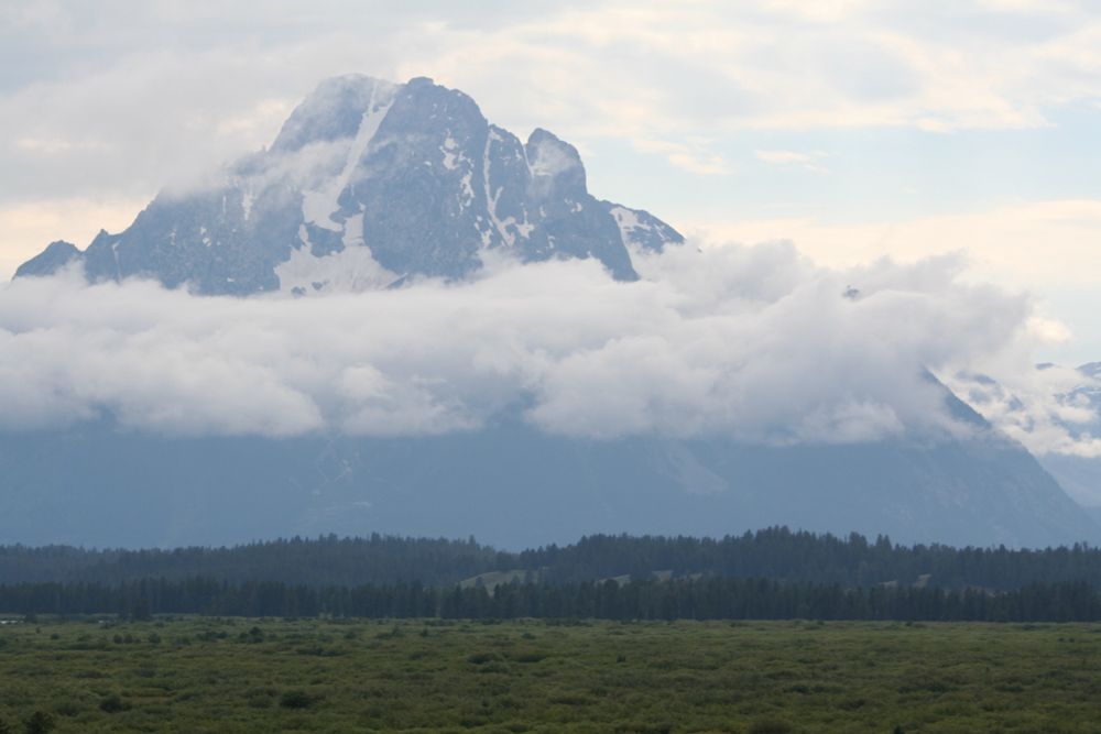 Peak of the Grand Tetons mountain range rises above low-lying cloud front, pine, and verdant grass. Snow is visible in the crags of the mountain. Photograph from Grand Tetons National Park.