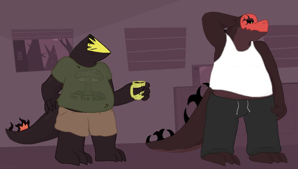 Voladile and Salahazard both lounging about their dimly lit home in casual clothes.
Voladile is tired and scratching his tail while holding a coffee mug with a caution sign printed on it, he's wearing some shorts and an old slightly torn graphic tee depicting a mushroom cloud captioned "I'm the BOMB".
Salahazard is lounging and rubbing his head in thought, he's wearing a white tanktop and some baggy sweatpants.
