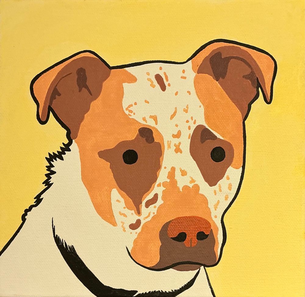 Head portrait of a red heeler dog with a worried expression. Painted with acrylic in a very flat graphic style.