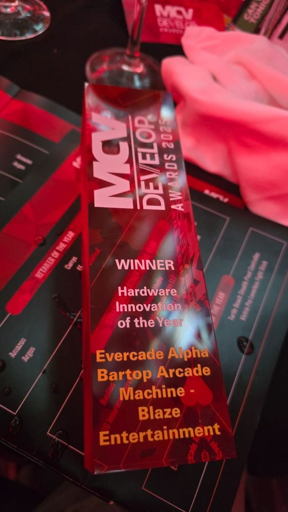 MCV Develop Awards 2025 trophy, marking Evercade Alpha as the winner of the Hardware Innovation of the Year category.