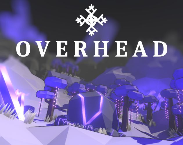 a rough, low-poly snowy landscape with large boulders, purple trees and glowing crystals. the top of the scene is blurred with the text "OVERHEAD" and a snowflake icon displayed over it.