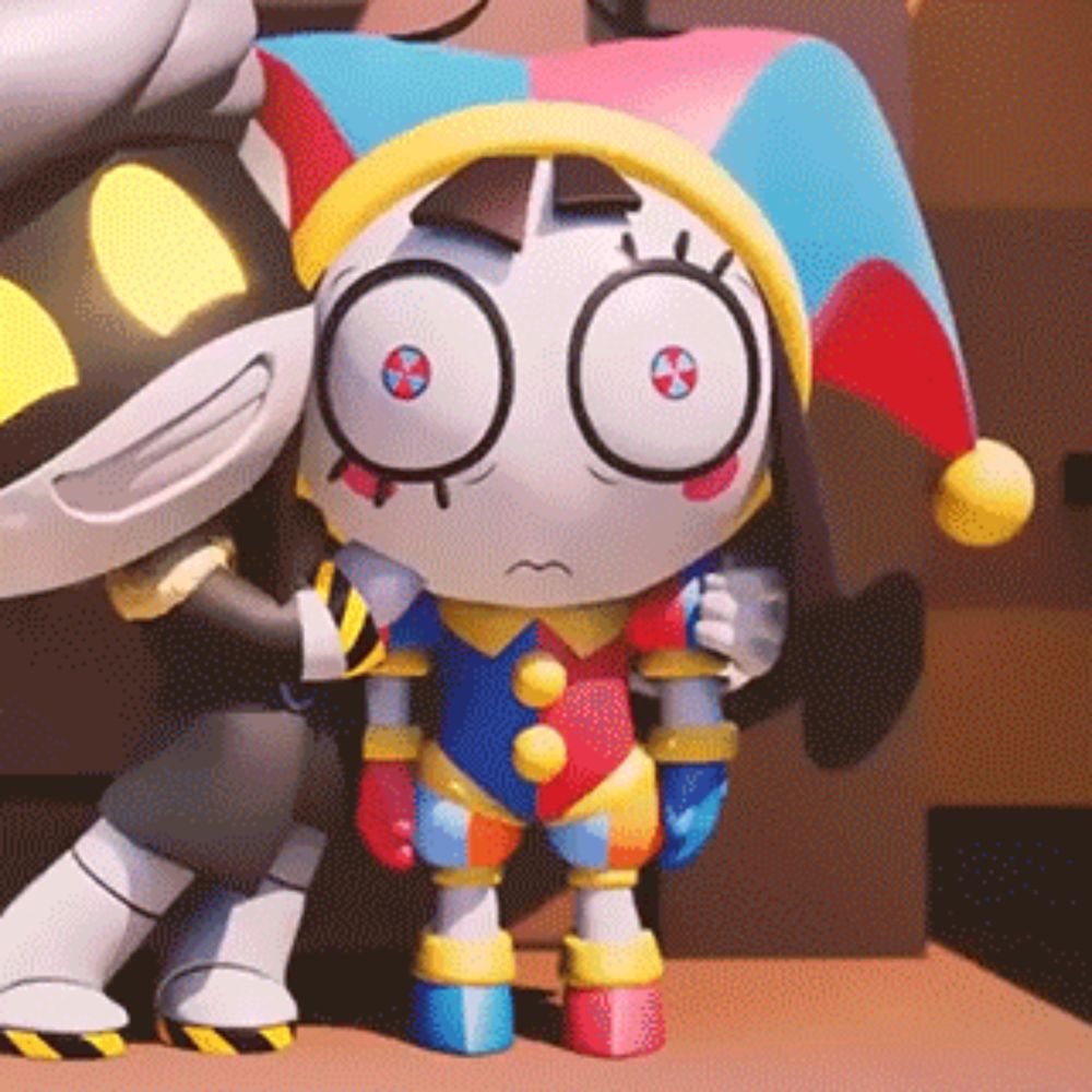 a cartoon character is standing next to another cartoon character . the cartoon character is wearing a jester costume .