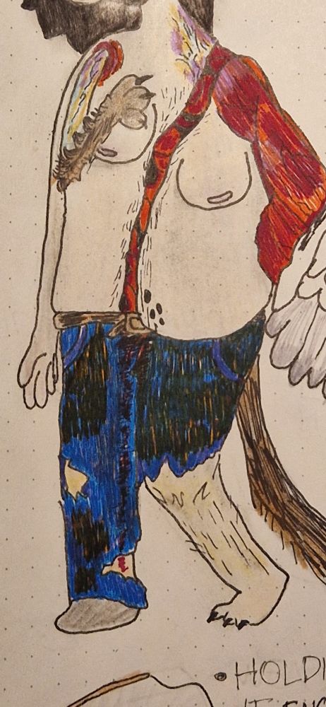 Lower body shot of Cynophobia. His stomach is hairy and slightly greying, as are his fingertips. His clothes are tattered and torn. There is a trail of blood running on the inside of his thigh, culminating in a bright stain above his ankle.