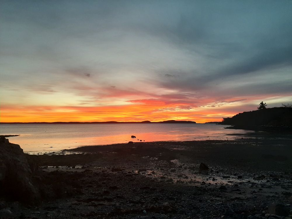 Morning sunrise in Maine along a rocky shoreline. 