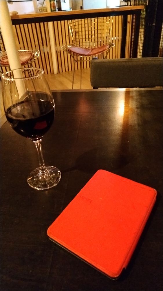 Glass of Malbec and kindle