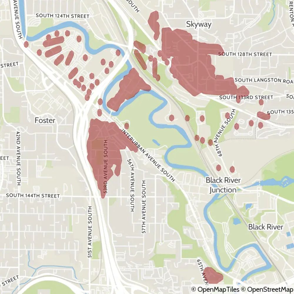 A map showing the location of the outage, centered around South 130th Place in Tukwila.