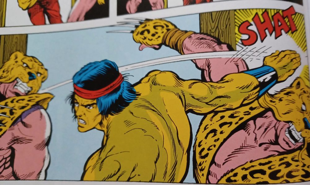 A panel from Master of Kung Fu #82, Shang Chi hits a guy in a leopard costume with a resounding SHAT

(art by Mike Zeck)