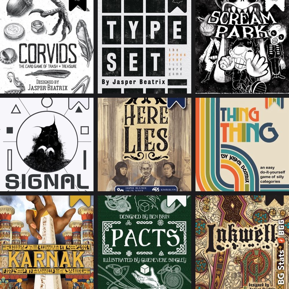 Corvids, TYPESET, Scream Park, Signal, Here Lies, Thing Thing, Karnak, Pacts, Inkwell covers in a grid