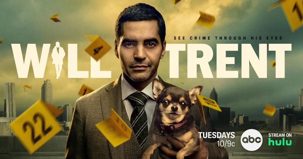 A man in a suit holds a small dog. The backdrop features a city skyline with yellow markers. Text reads: "Will Trent" and displays airing information for ABC and Hulu.