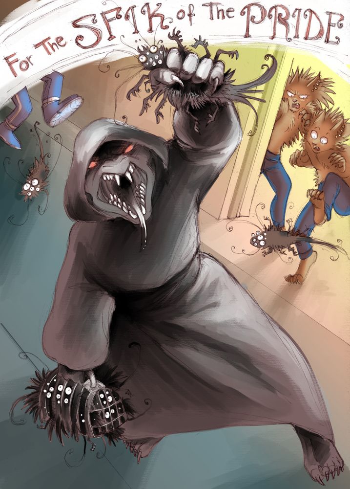 A Kif is a shadowy alien with a long snout. Here the kif Sukkukk hunts down some hairy pests that infest the ship, with some of those grossing out some Hani crewwomen in the background. He holds up one of the vermins, proclaiming that he is doing that for the sfik/honor of the Pride of Chanur.