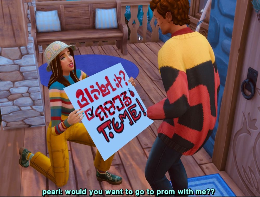 pearl: would you want to go to prom with me??

pearl is down on one knee, holding up a promposal sign with red and black writing towards beckett
