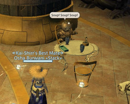 A Grebuloff sits at a cafe table chanting “Soup! Soup! Soup!” as the Warrior of Light looks on