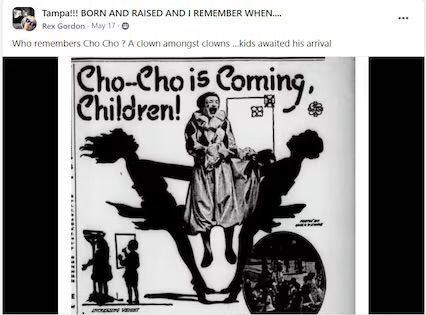 A photo of a horrifying looking clown, captioned with “Cho-Cho is coming, children!”