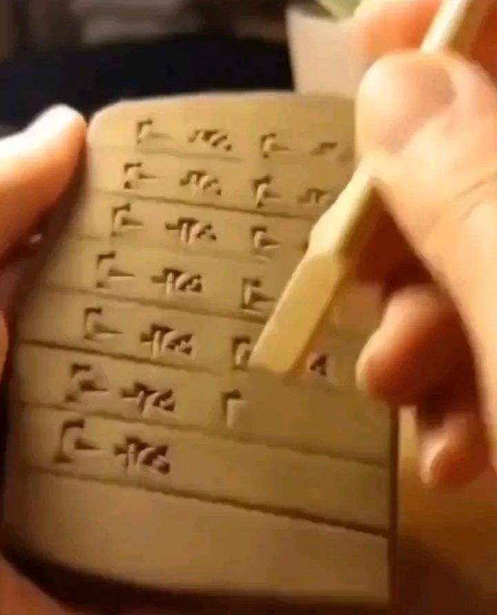 Screenshot from a video of someone carving out cuneiform text on a clay tablet 