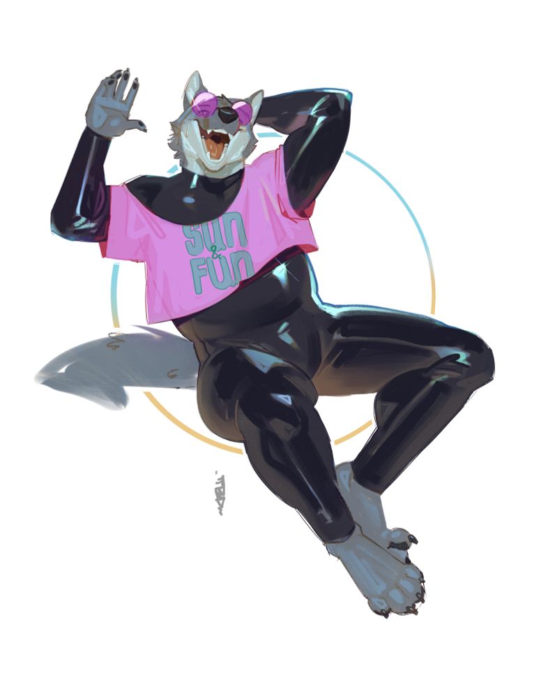 Grey coyote dude in a black latex catsuit and pink crop top with rose/purple glasses on a white background 