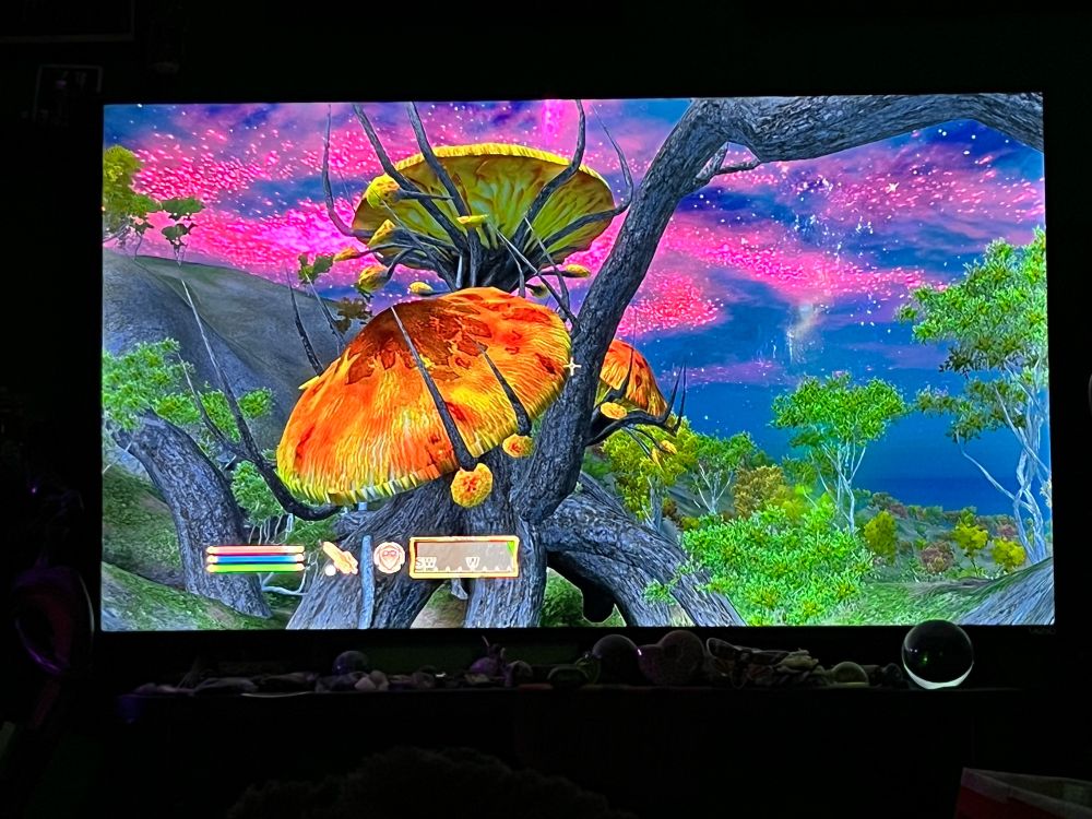 a scene from the videogame oblivion featuring a very bright and oversaturated pink, blue and purple sky and vivid forest complete with large orange and yelllow capped mushroom trees 