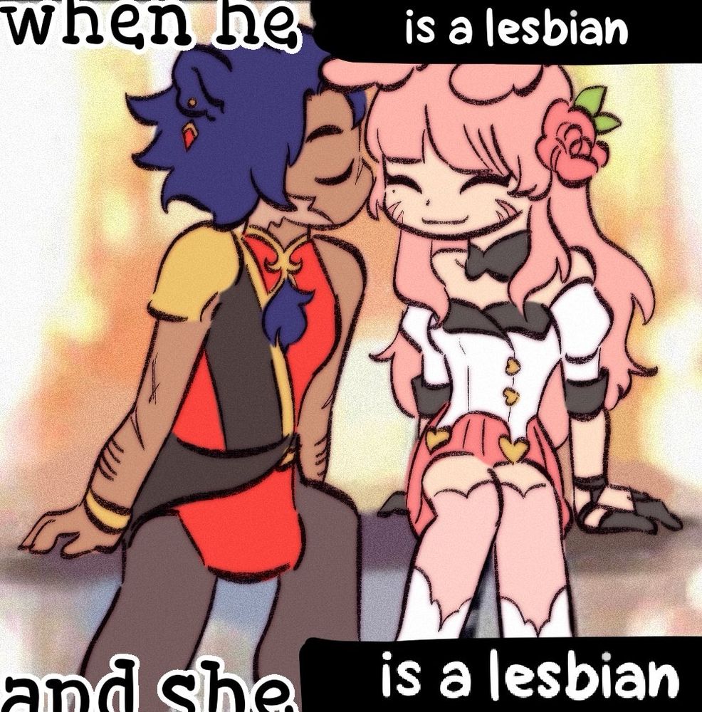 blue haired miq’aura kissing a pink haired vi’qote, who’s smiling happily. text reads “when he is a lesbian and she is a lesbian”