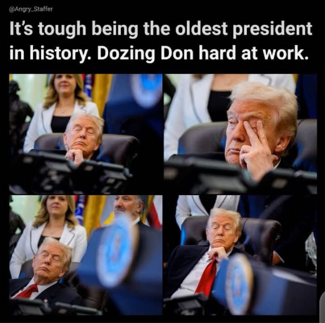“It’s tough being the oldest president in history. Dozing Don hard at work.”
Four pictures of Trump sleeping during his press conference 