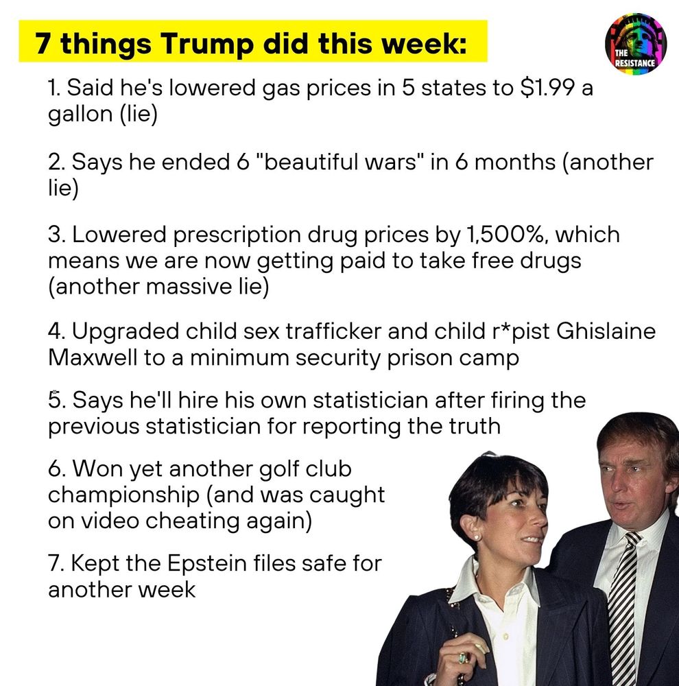 "7 things Trump did this week":
1. said that gas was $1.99 a gallon (LIE)
2. said he ended 6 "beautiful wars" in 6 months (also LIE)
3. Said he lowered Rx prices by 1500% , which means we'd be getting paid to take free drugs (Massive LIE)
4. Upgraded child sex trafficker and rapist, Ghislaiene Maxwell to a minimum security camp.'
5. Says he'll hire his own statistician after firing the previous statistician for reporting the truth.
6. "Won" yet another golf club championship (caught cheating on video again)
7. Kept the Epstein files saft for another week