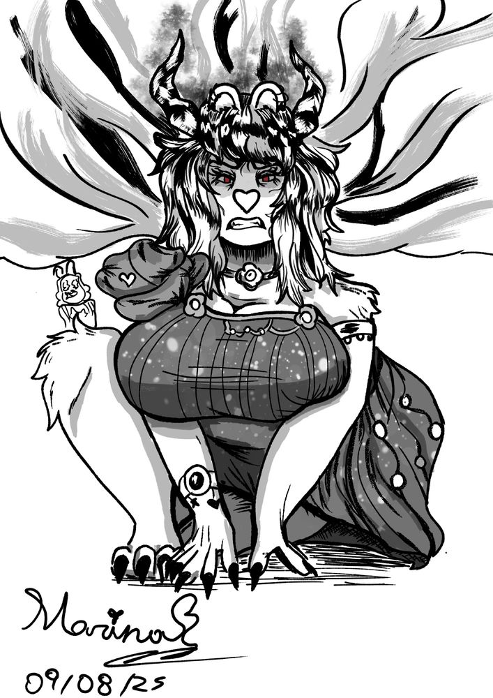 Here we have a digital illustration in grayscacle where Glaciar, an anthro big chubby bear demon girl, is completely annoyed as you can see in her expression with red eyes while her horns have been grown up a lot. She is right now with claws in her feet and hands and honestly she doesn't look like really happy or motherly, her dress still mantains as the same.

In the background there is the fishbowl bunny, which is a character made by Funda, a friend of mine, where you can see they are crying for something. Glaciar's hair is going upwards as you can see there is also some disorder, maybe product of her anger

The context of this drawing is that someone harassed the fishbowl bunny and Glaciar is completely mad at this, and when she is mad, she becomes literally a demon.

(tags: furry, furryart, glaciar, art, illustration, funda, funda-oc, bunny, chubby, bear, big bear, anthro, demon, demon girl)

(Glaciar Marshmellow, also known as Melissa Hartmann is a character property of MarinasArt, The Fishbowl Bunny is a character property of Funda, all rights reserved to their respective owners)

Marina signature 09/08/25 (DD/MM/YY)