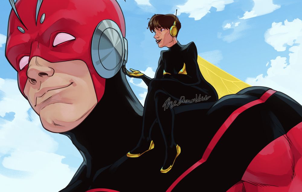 Hank Pym looking at Janet van Dyne, who's shrunken down and sitting on his shoulder, talking to him.