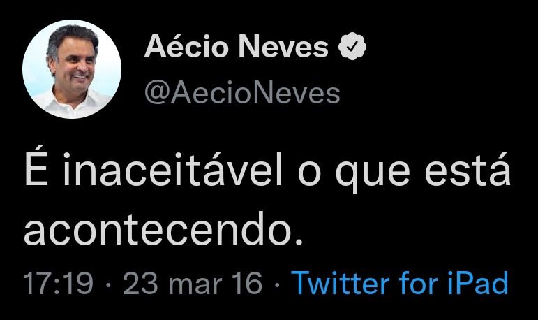 Print de um tweet do Aécio Neves com o texto "é inaceitável o que está acontecendo". 