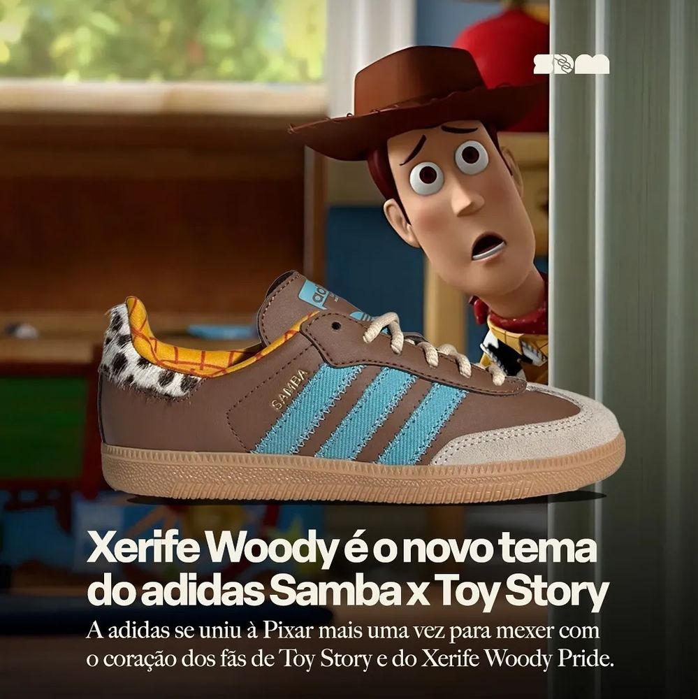Tênis da Adidas em parceria com a Pixar com tema do personagen Woody do desenho "Toy Story".