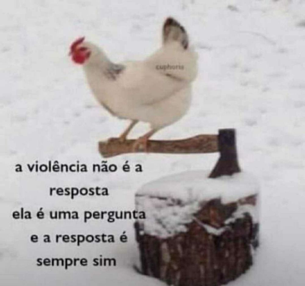 Uma galinha sobre um machado. o machado está enfiado em m toco de árvore, na neve. A legenda diz "a violência não é a resposta. Ela é uma pergunta e a resposta é sempre sim"