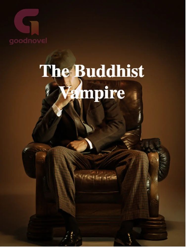 Na capa do livro "The Buddhist Vampire", um homem de feições asiáticas está sentado em uma poltrona de couro marrom. Ele veste um terno marrom, camisa branca, gravata e uma boina. Sua mão direita está no queixo em uma pose pensativa, enquanto a mão esquerda, enluvada de preto, descansa no braço da poltrona. O título "The Buddhist Vampire" está em destaque em letras brancas. No canto superior esquerdo, o logotipo da "Goodnovel" é visível. O fundo é um marrom escuro e sólido, criando uma atmosfera sombria e misteriosa.