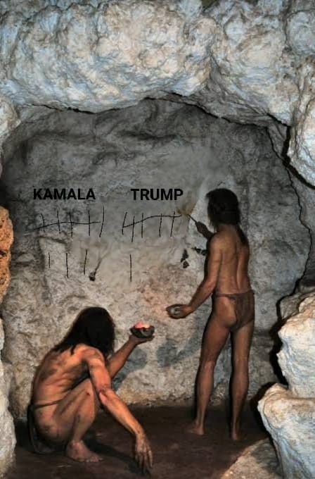 Povos antigos apurando a eleição norte-americana, escrevendo com carvão em uma rocha. 